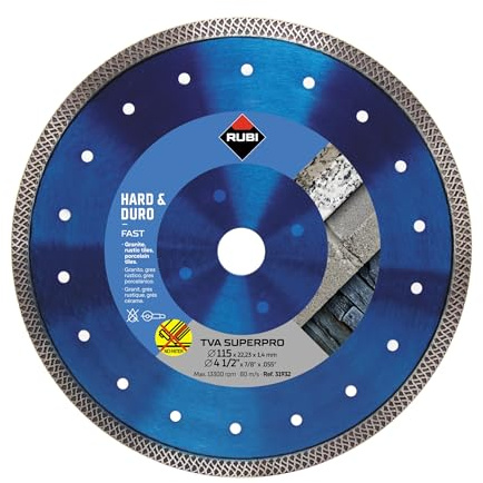RUBI | Disque Diamant pour Matériaux Durs Turbo Viper TVA-115 | Coupé à Sec de Granit, Grès Rustique, Clinker, Máteriaux Réfractaires, Ardoise et Grès Porcelaine | Alésage 22,2 mm | Diámetre 115 mm