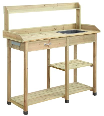 Convenience Concepts Deluxe Outdoors Potting Bench 46 - Garden Planting Station with Storage Shelves & Drawer, Weatherproof Horticulture Workstation for Backyard, Shed, Garage, Natural Fir