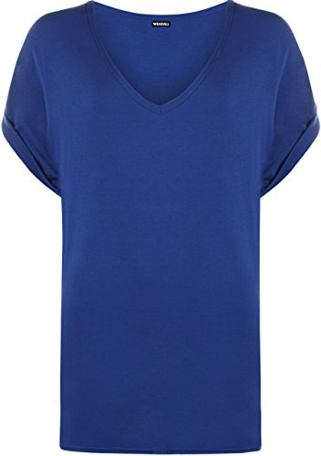 WearAll - Femmes Nouveau Plus Taille Femmes Court Tour en Haut Manche Bouffant Plaine Haut Dames V-Neck T-Shirt - Bleu Royal - 44-46