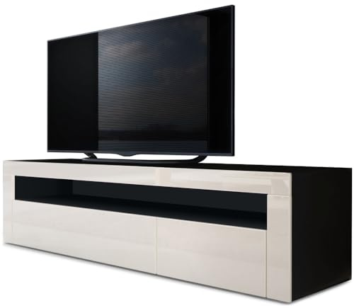 Vladon Lowboard Valencia, Made in Germany, TV-Kommode mit 1 offenem Fach und 2 Klappen, Schwarz matt/Creme Hochglanz (155 x 46 x 40 cm)