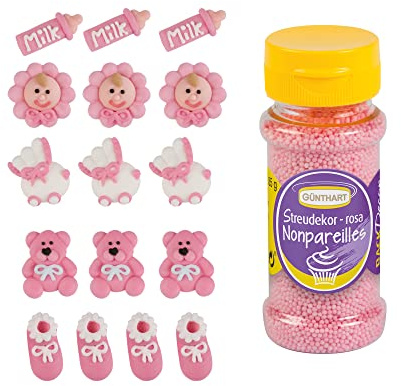 Günthart | 16 Zuckerfiguren | für Taufe & Baby Shower mit rosa Streudekor