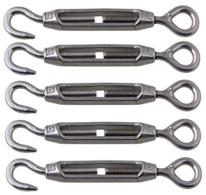 BQLZR M4 Stainless Steel 304 Hook & Eye Turnbuckle Wire Rope Tension for DIY String Light Picture Hanging, Garden Wire, Fence Gate Wire, Tent Rope Pack of 5