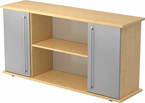 bümö Sideboard Ahorn/Silber mit Flügeltüren & Regal - Büromöbel Sideboard Holz 166cm breit, 45cm schmal, Büro Schrank für Flur oder als Wohnzimmer-Kommode mit Relinggriffen