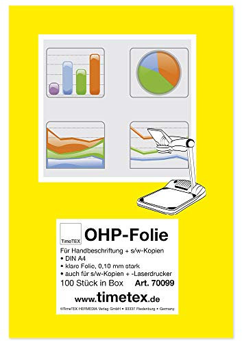 TimeTex OHP-Folie Overheadfolie DIN A4 - klare Folie 0,10 mm stark - für Handbeschriftung und schwarz/weiß-Kopien - Laserdrucker - TimeTex 70099