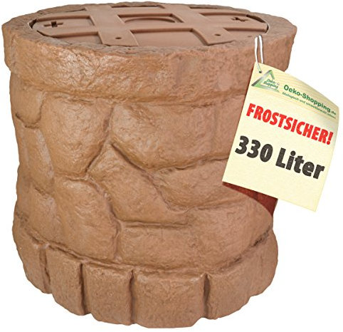 Regentonne Märchenbrunnen 330 l, Regenfass FROSTSICHER wie gemauert mit stabilem Deckel und Wasserhahn, schöner und Fast unverwüstlicher Regenspeicher (Sand-Stein)