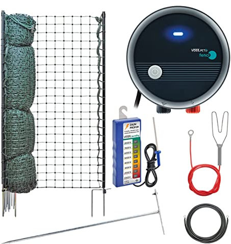 VOSS Weidezaun Set mit 25m Hütenetz, extra hoch 110cm, sehr engmaschig inkl. Weidezaungerät