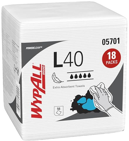 Serviettes ultra-absorbantes WypAll L40 7471 – Chiffons jetables – 18 paquets de 56 chiffons blancs pliés en quatre (1 008 lingettes en papier au total)