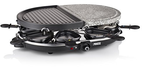Princess Raclette Pietra E Griglia 162710, 1200 Watt, Combinazione Di Piastra, Griglia E Raclette, 8 Persone, Pietra Ollare, Nero