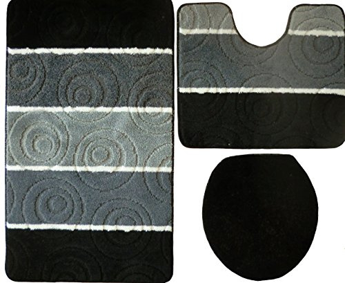 Orion Badgarnitur 3 TLG. Set 50x80 cm Mehrfarbig gestreift, WC Vorleger mit Ausschnitt für Stand-WC (schwarz grau)