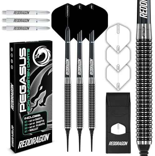 RED DRAGON Pegasus Tungsten Soft Dartpfeile - 18 Gramm: Schwarze Schäfte, Schwarze Flüge und Darttasche
