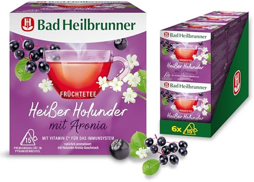 Bad Heilbrunner Heißer Holunder mit Aronia Tee - Früchtetee im Pyramidenbeutel - Holunder, Aronia - mit Vitamin C für die Abwehrkräfte & das Immunsystem (6 x 15 Pyramidenbeutel)
