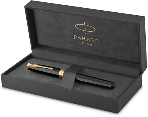 Parker Sonnet Tintenroller | Schwarze Lackierung mit Goldzierteilen | feine Spitze | Schwarze Tinte | Geschenkbox