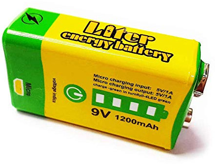 Dronepost Batteria LI-ION 9V 1200mAh Ricaricabile USB Micro 5V/1A Polimero a Litio Ce 6F22