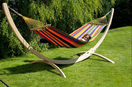 MacaMex Hängemattenset Siesta Grande Holzständer mit bunter Stabhängematte Caribe Paradiso wetterfest