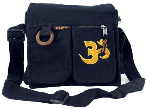 Boho Schultertasche, Vintage Umhängetasche aus Baumwolle, Om/schwarz | Großes Hauptfach, verstellbarer Schultergurt, Innentasche, Reißverschlussfächer, seitliches Minifach, Unisex