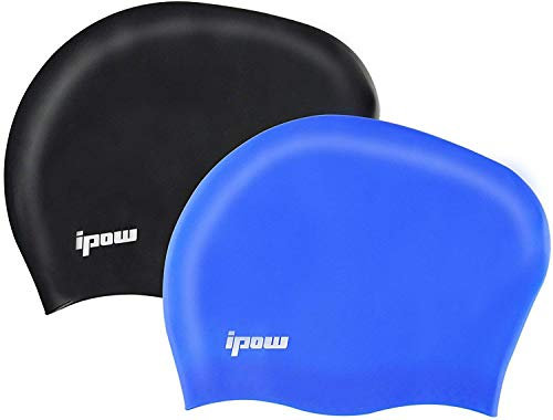 Ipow 2-Stück Hochwertige Silikon Badekappe Bademütze Badehaube für Lange Haare gesund und warm Swim Cap (Schwarz + Blau)