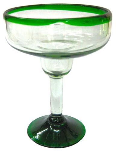 MexHandcraft Emerald Green Rim 14 oz Large Margarita Glasses (set of 6), Recycled Glass, Lead-free, Toxin-Free (Margarita)