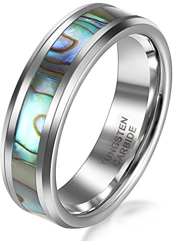 JewelryWe Schmuck Herren Damen Wolfram Wolframcarbid Ring Band 6/8mm Breit Glänzend mit Abalone Muscheln Inlay Engagement Hochzeit Verprechen, Silber, Größe 52 bis 74