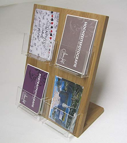 LINLAY Intarsien & Gravuren 4X DIN A6 (Hochformat) Postkarten-Ständer Tischmodell Prospekt-Halter massiv Eiche mit Acryleinsatz