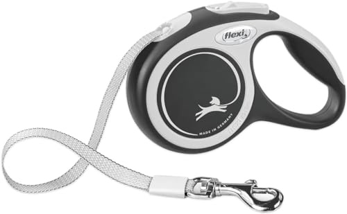 Flexi New Comfort einziehbare Hundeleine (Band), ergonomisch, robust und verhedderungsfrei, für Hunde bis zu 15 kg, 5 m, Größe S, Grau/Schwarz
