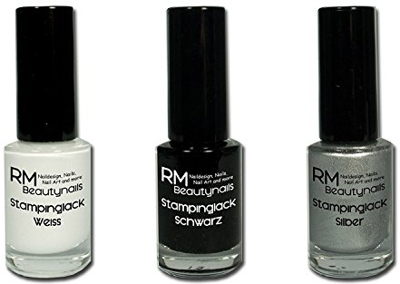 Stampinglack Set Weiss Schwarz Silber 3x5ml – Stempellack für Nail Stamping Schablonen – hochdeckend dickflüssig – Nail Art Nagellack Made in Germany – RM Beautynails