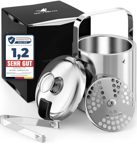 Beyond Eiswürfelbehälter mit Deckel und Zange 100% bpa frei aus Edelstahl - Eiswürfelkühler, doppelwandig, 1,3 Liter I Eiseimer für Eiswürfel, Eiskübel für die Eiswürfel Aufbewahrung