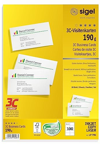 SIGEL LP790 bedruckbare Visitenkarten 3C, 100 Stück (10 Blatt), hochweiß, glatter Schnitt rundum, 190 g, 85x55 mm