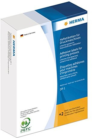 HERMA 2840 Haftetiketten für Druckmaschinen, 10000 Stück, 12 x 30 mm, Blattformat 168 x 120 mm, DP1, selbstklebend, mit Greifer- und Anlagerand, matt, blanko Papier Klebeetiketten Aufkleber, weiß