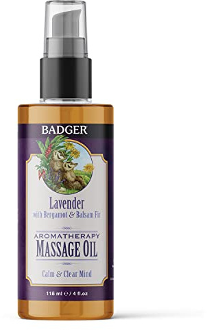 Badger Lavender Massage Oil, 100% Organic Massage Oil, Relaxing & Moisturizing Pure Aromatherapy Oils of Lavender, Bergamot & Balsam Fir, 4 fl oz Glass Bottle