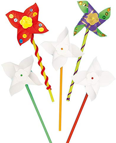 Baker Ross Windmill Craft Activity Pack (Pack of 8) Make Your Own Pinwheel Kit for Kids to Decorate, White, 8 Pack