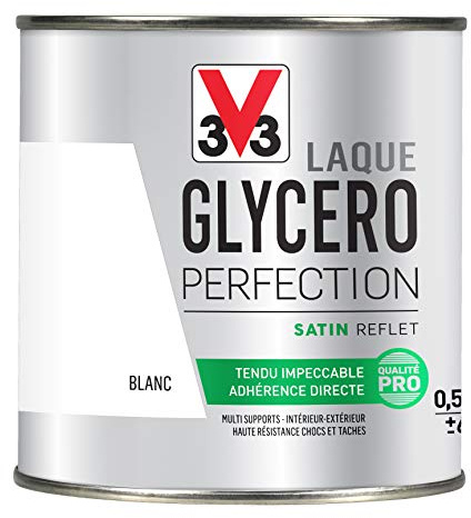 V33 Peinture multi-supports monocouche Laque Glycéro satin, Blanc 0,5 L | Tendu impeccable, Adhérence directe, Multi-supports, Intérieur-Extérieur, Haute résistance taches et chocs
