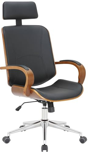 CLP Bürostuhl Dayton mit Kopfstütze, höhenverstellbarer Drehstuhl aus Kunstleder, Wippfunktion belastbar bis 150 kg - Farbe walnuss/schwarz