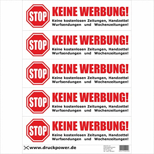 Keine Werbung! 4x5 Briefkastenaufkleber Aufkleber weiß - Keine kostenlosen Zeitungen, Handzettel, Wurfsendungen und Wochenzeitungen! Für den Briefkasten - Zeitungsrolle
