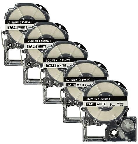 vhbw 5x Schriftband-Kassette kompatibel mit Epson LabelWorks LW-1000P | LW-600P, LW-500, LW-400, LW-300 Etiketten-Drucker 8m x 9mm Schwarz auf Weiß