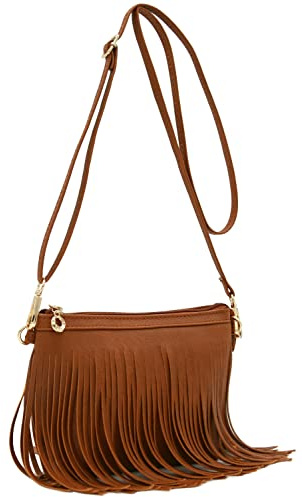 FashionPuzzle Small Fringe Crossbody Bag with Wrist Strap (Tan)