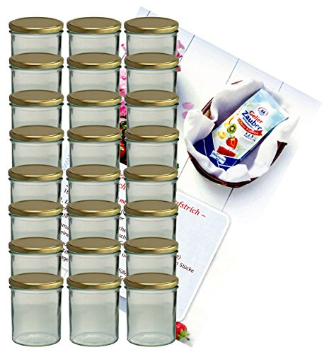 MamboCat 24er Set Sturzglas 350 ml Marmeladenglas Einmachglas Einweckglas to 82 Goldener Deckel incl. Diamant-Zucker Gelierzauber Rezeptheft