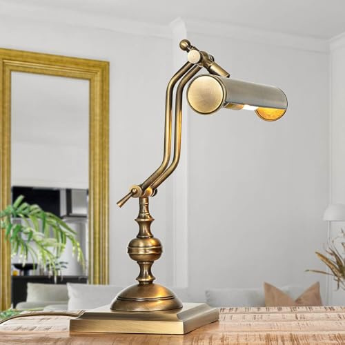 Licht-Erlebnisse Premium Bankerleuchte echtes Messing in Bronze hell Büro Arbeitszimmer 39 cm E14 Handarbeit flexible Vintage Tischlampe Wohnzimmer