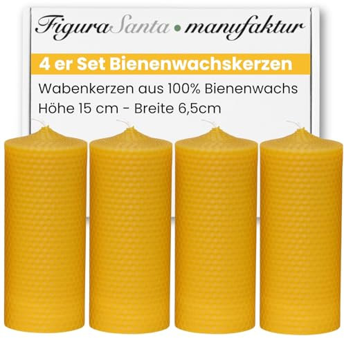 Figura Santa® Bienenwachskerzen Adventskerzen 4er Set Kerzen Adventskranz Stumpenkerzen aus 100% Bienenwachs-Platten Weihnachtskerzen | Größe: 15x6,5cm Lange Brennndauer ca. 37 h