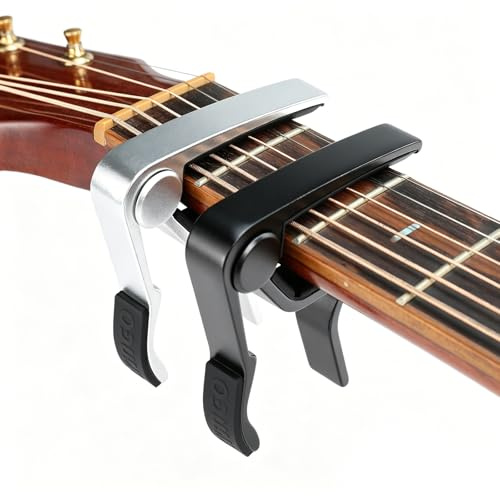 WINGO 6 String Single-handed Guitar Capo For Acoustic Electric Guitars - 2 Pack of Black and Silver