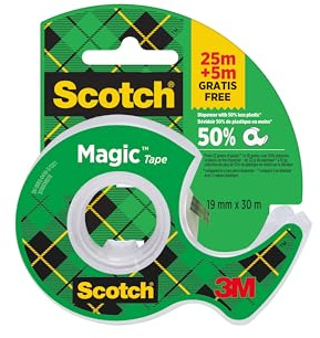 Scotch Magic Tape, 1 Rolle im Handabroller, 19 mm x 25 m + 5 m GRATIS | Universalklebeband zum Reparieren, Beschriften und Verschließen; Matt, Unsichtbar und Beschreibbar