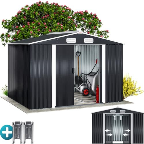 GARDEBRUK® XXL 8x6' Metal Tool Shed With Foundation | 5m² 9m³ | Apex Roof | 260x205x180cm | Sliding Door | Galvanised Steel Garden Equipment Bike Log Storage | Anthracite
