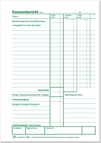 RNKVERLAG 3146 - Kassenbericht mit Vorsteuererfassung, Block mit 50 Blatt, DIN A5