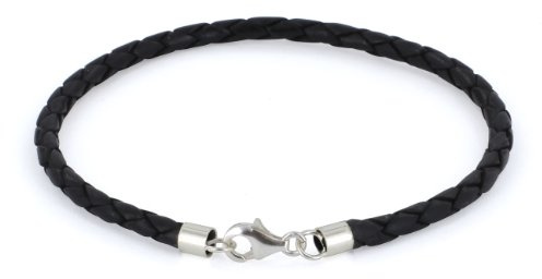 Auroris Echtleder-Armband geflochten 3mm mit 925 Sterling-Silber Karabinerverschluss - Länge: 17cm / Farbe: schwarz