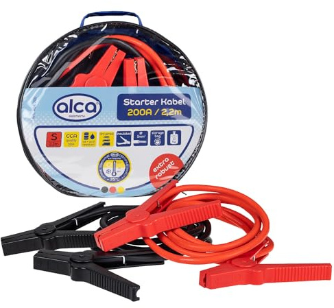 alca® Starthilfekabel max. 200 A, 5,3 mm², 2x2,2 m | Plus (Rot) & Minus (Schwarz), CCA-Qualität, inkl. runder Aufbewahrungstasche