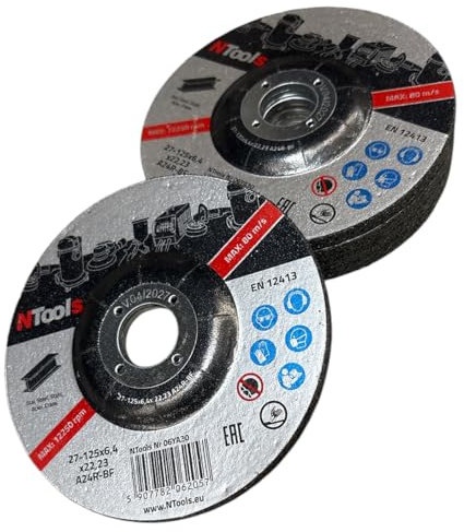 NTools SDSS - Set di 5 dischi smerigliatrice 125 x 6,4 x 22,23 mm per smerigliatrice angolare | Disco smerigliatrice ferro | Forma FEPA 27 (centro depresso), spessore 6,4 mm | Set di 5 pezzi