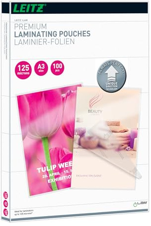 Leitz Heißlaminierfolien A3 125 mic, Laminierfolien in Premium-Qualität im 100er Pack, Glänzend, Transparent, Vereinfachtes Einlegen durch UDT, iLAM, 74880000