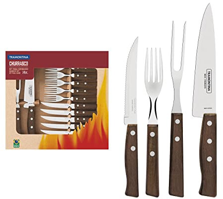 Tramontina 22299/011 Steakbesteck-Set, 14-teilig mit Naturholzgriffen 2- beziehungsweise, 3-Fach vernietet