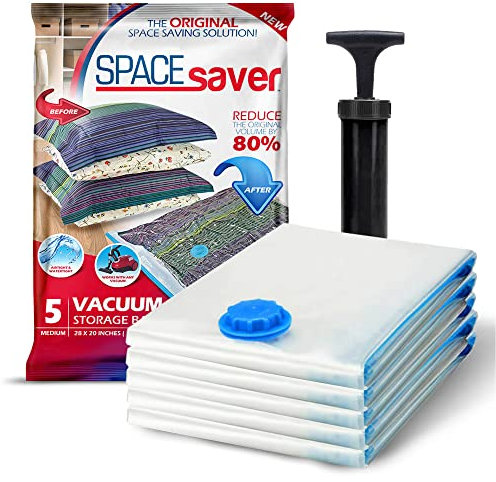 SpaceSaver Vacuum Storage Bags - Medium 5-Pack Clothes Storage Set with Pump - Space Saving Vacuum Bags for Clothes, Bedding and Linens - Airtight Compression Bag for Home and Travel Organization