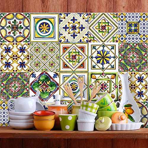 RE-COVERTILES 32 Pcs Carrelage Sticker 15x15 cm PS00017 Mosaïque de Azulejos Autocollant mural décorative à Carreaux de ciment pour Salle de Bains et Cuisine Stickers cementine peel and stick