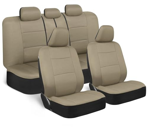 BDK OS-309-AB Tan Trim Black Car Seat Covers Full 9 Piece Set, Sleek & Stylish, Split Option Bench 5 Headrests Front & Rear Bench, Beige